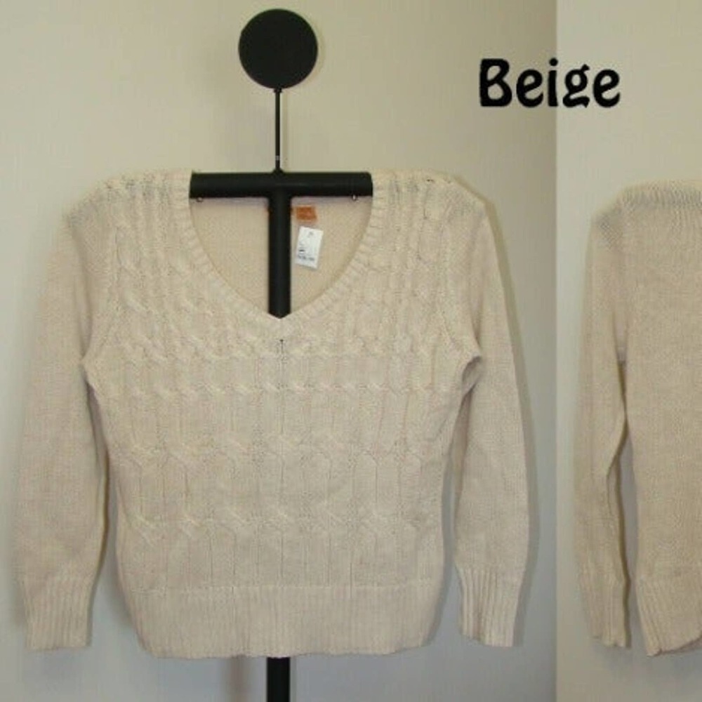 Northcrest Beige Women's Heavy Pull Over V Neck Sweater - L